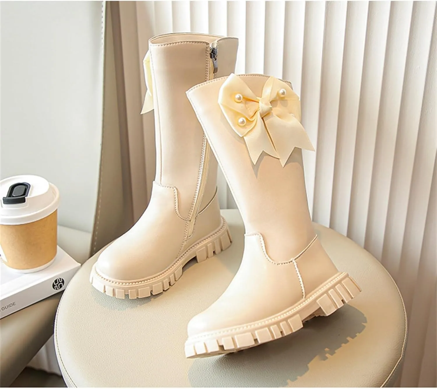 Little Girls Leather Long Boots aterproof Side Zipper Mid Calf ombat Riding Winter Soft Bottom High Boots