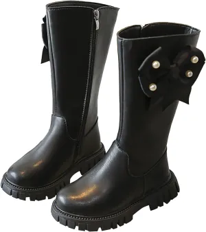 Little Girls Leather Long Boots aterproof Side Zipper Mid Calf ombat Riding Winter Soft Bottom High Boots
