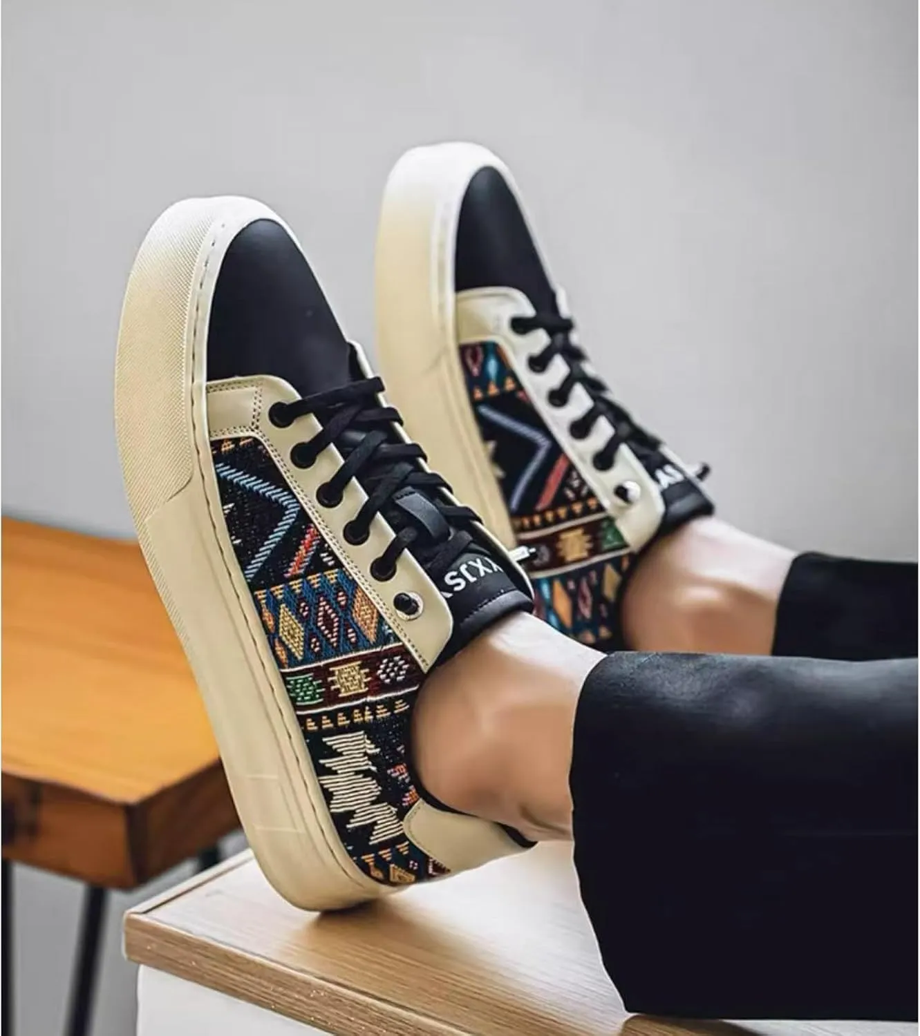 Men's Canvas Fashion Sneakers Floral Pattern Patchwork Low Top Breathable Lightweight Casual Walking Skate Shoes