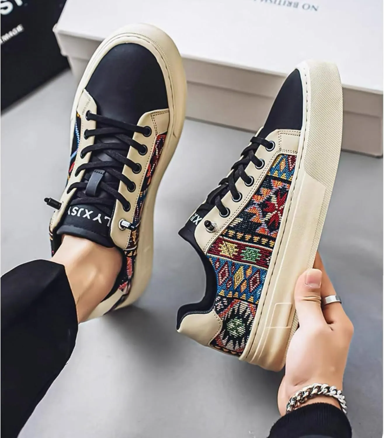 Men's Canvas Fashion Sneakers Floral Pattern Patchwork Low Top Breathable Lightweight Casual Walking Skate Shoes