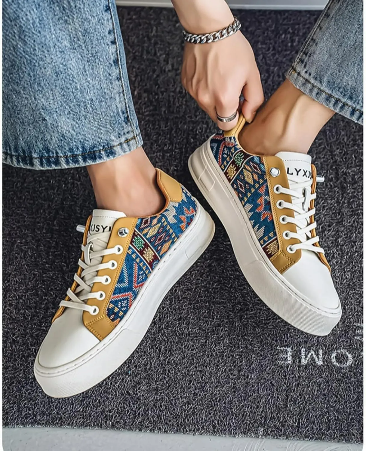 Men's Canvas Fashion Sneakers Floral Pattern Patchwork Low Top Breathable Lightweight Casual Walking Skate Shoes