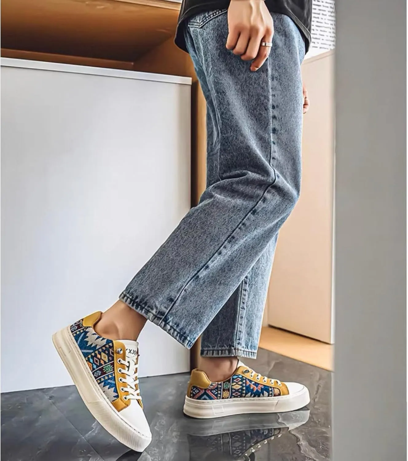 Men's Canvas Fashion Sneakers Floral Pattern Patchwork Low Top Breathable Lightweight Casual Walking Skate Shoes