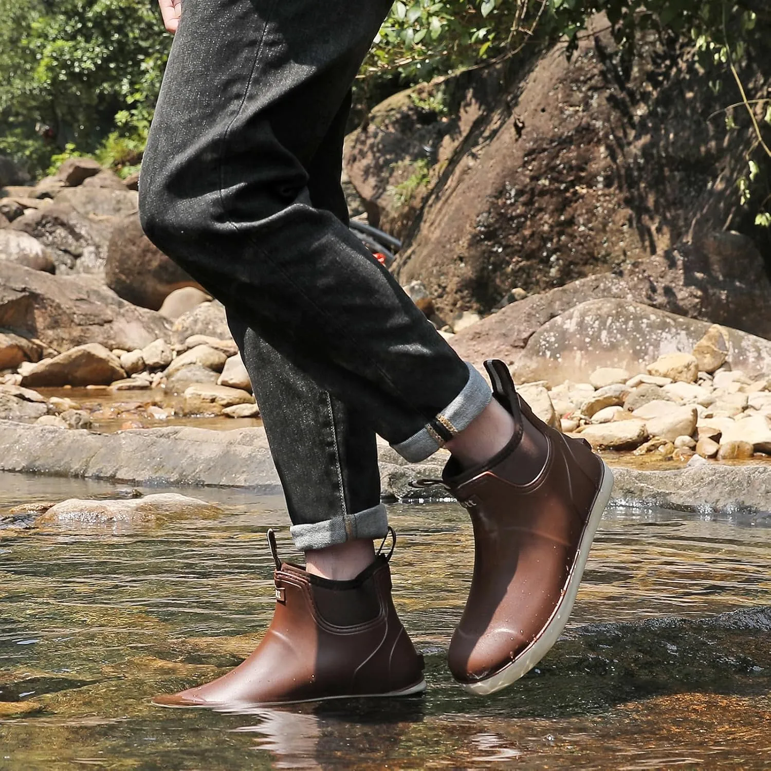 Mens Deck Boots, Waterproof Men High Traction Fishing Boots, Lightweight Garden Rain Boots, Rubber Boots for Work Ankle, Durable Water Shoes for Boat