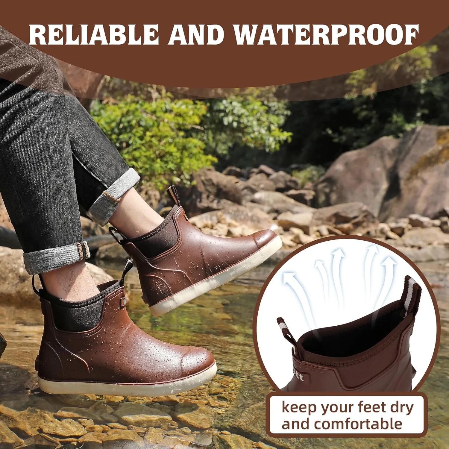 Mens Deck Boots, Waterproof Men High Traction Fishing Boots, Lightweight Garden Rain Boots, Rubber Boots for Work Ankle, Durable Water Shoes for Boat