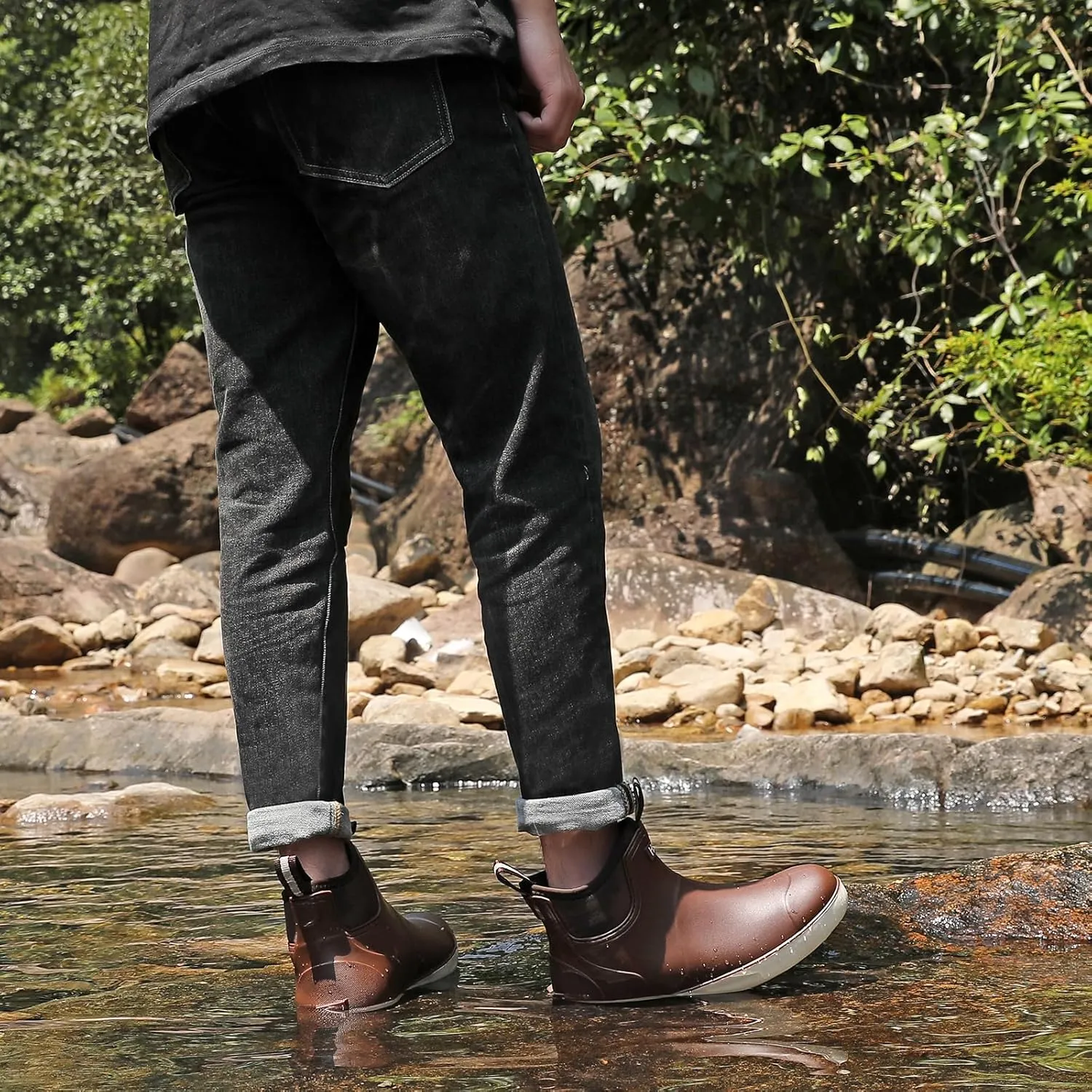 Mens Deck Boots, Waterproof Men High Traction Fishing Boots, Lightweight Garden Rain Boots, Rubber Boots for Work Ankle, Durable Water Shoes for Boat