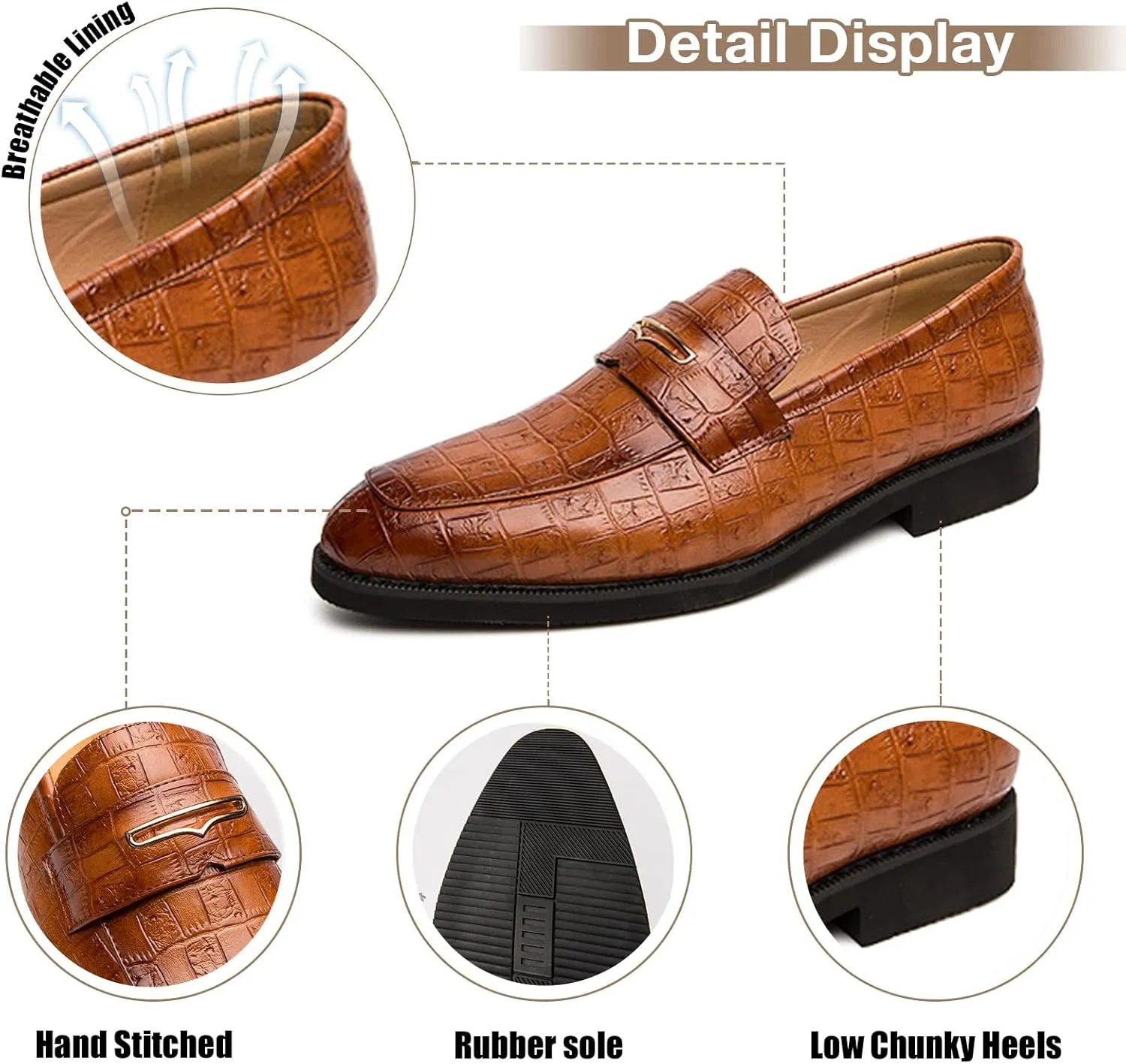 Men's Fashion Penny Loafers,Classic Slip on Pointed Toe Dress Oxfords,Comfortable Low Block Heel Business Formal Leather Shoes for Party Wedding Prom
