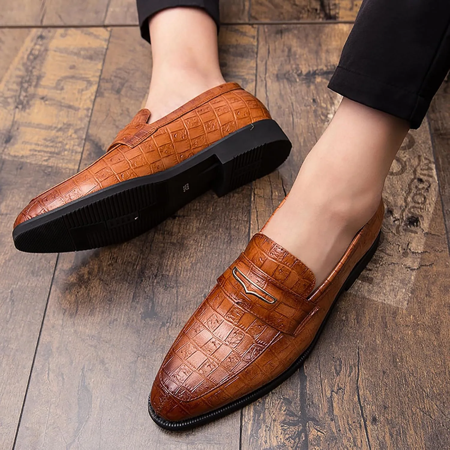 Men's Fashion Penny Loafers,Classic Slip on Pointed Toe Dress Oxfords,Comfortable Low Block Heel Business Formal Leather Shoes for Party Wedding Prom