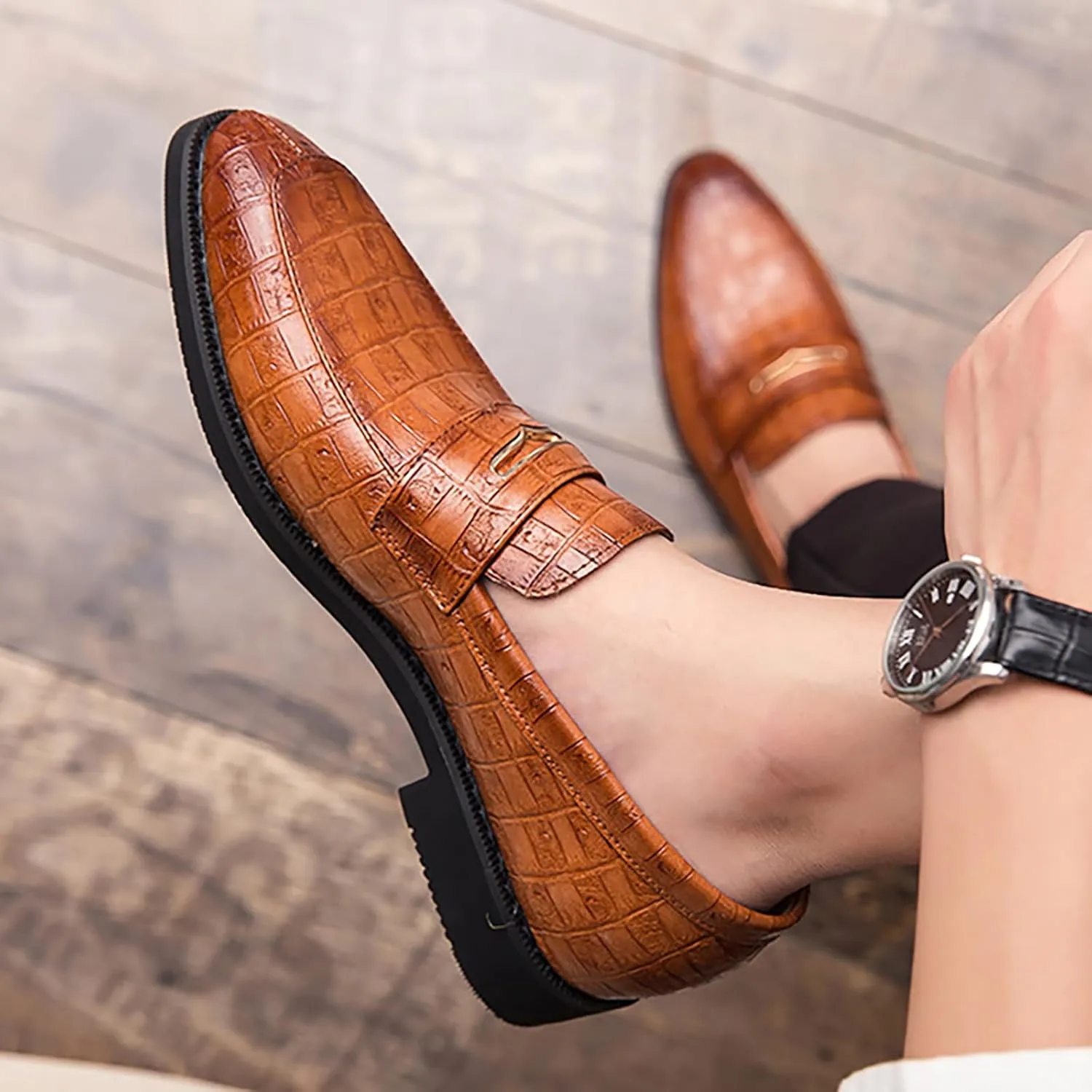 Men's Fashion Penny Loafers,Classic Slip on Pointed Toe Dress Oxfords,Comfortable Low Block Heel Business Formal Leather Shoes for Party Wedding Prom