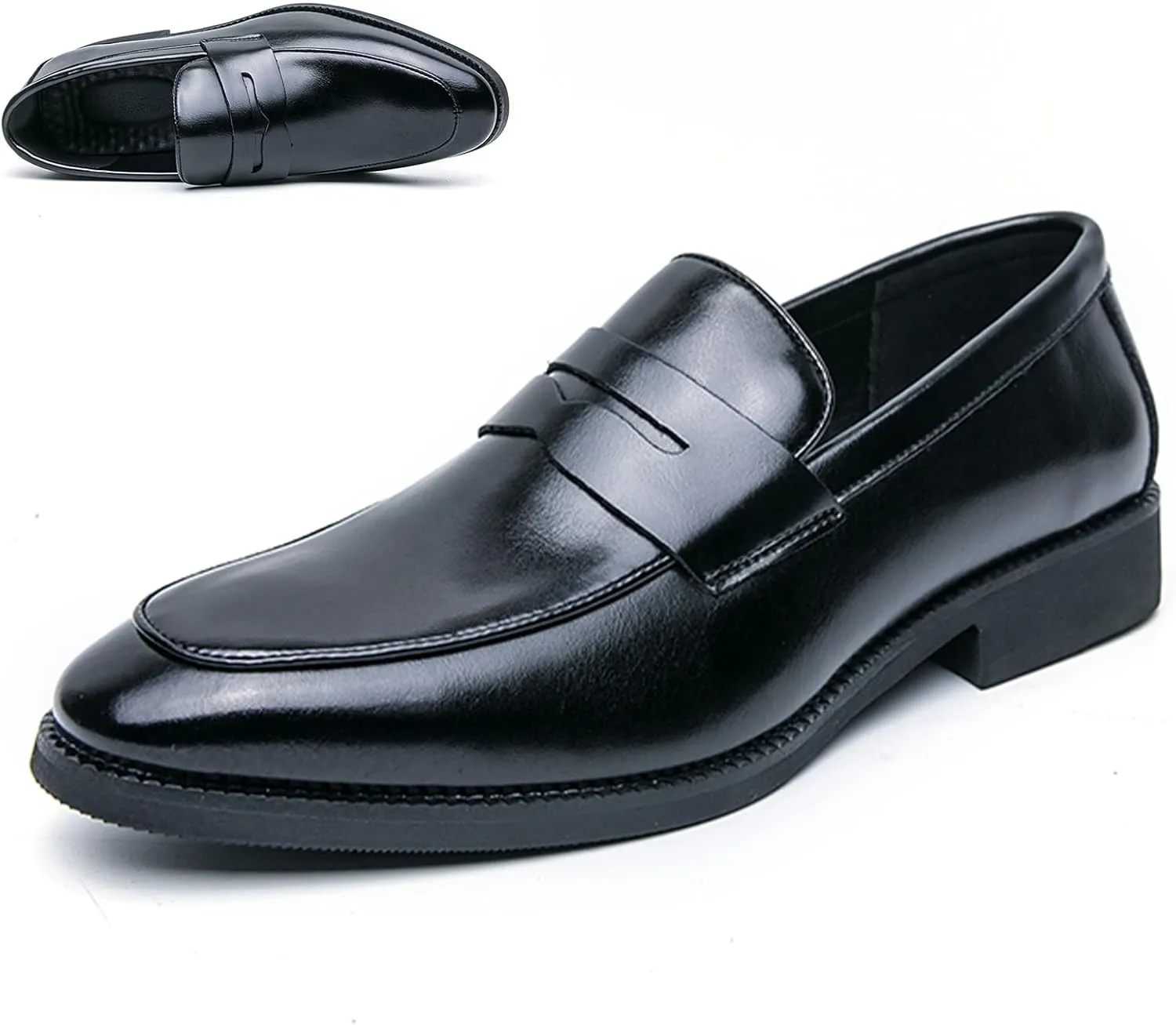 Men's Leather Penny Loafer Classic Round Toe Slip on Low Block Heel Formal Business Office Dress Shoes for Daily Casual Wedding Party Tuxedo