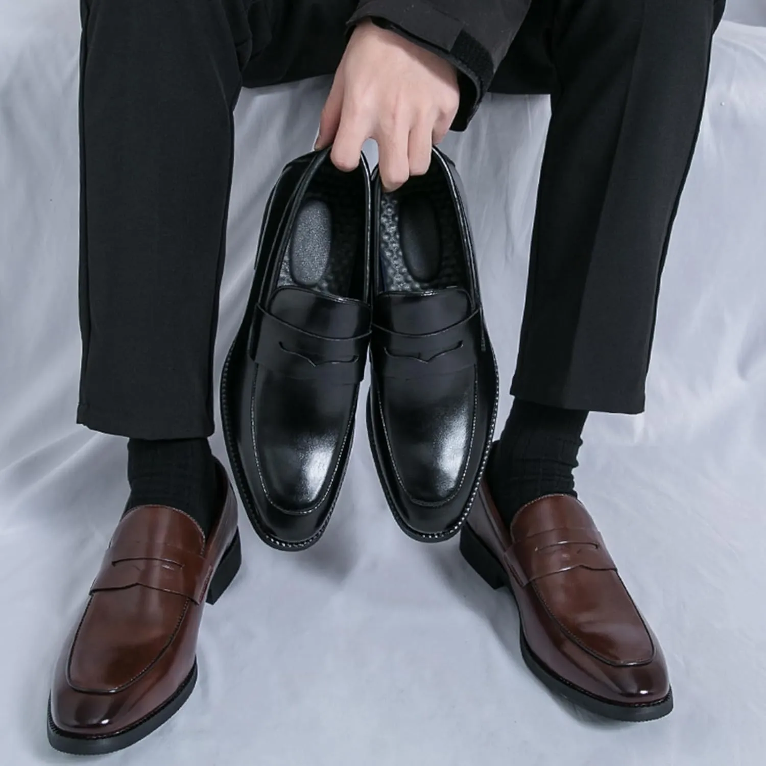 Men's Leather Penny Loafer Classic Round Toe Slip on Low Block Heel Formal Business Office Dress Shoes for Daily Casual Wedding Party Tuxedo
