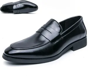 Men's Leather Penny Loafer Classic Round Toe Slip on Low Block Heel Formal Business Office Dress Shoes for Daily Casual Wedding Party Tuxedo