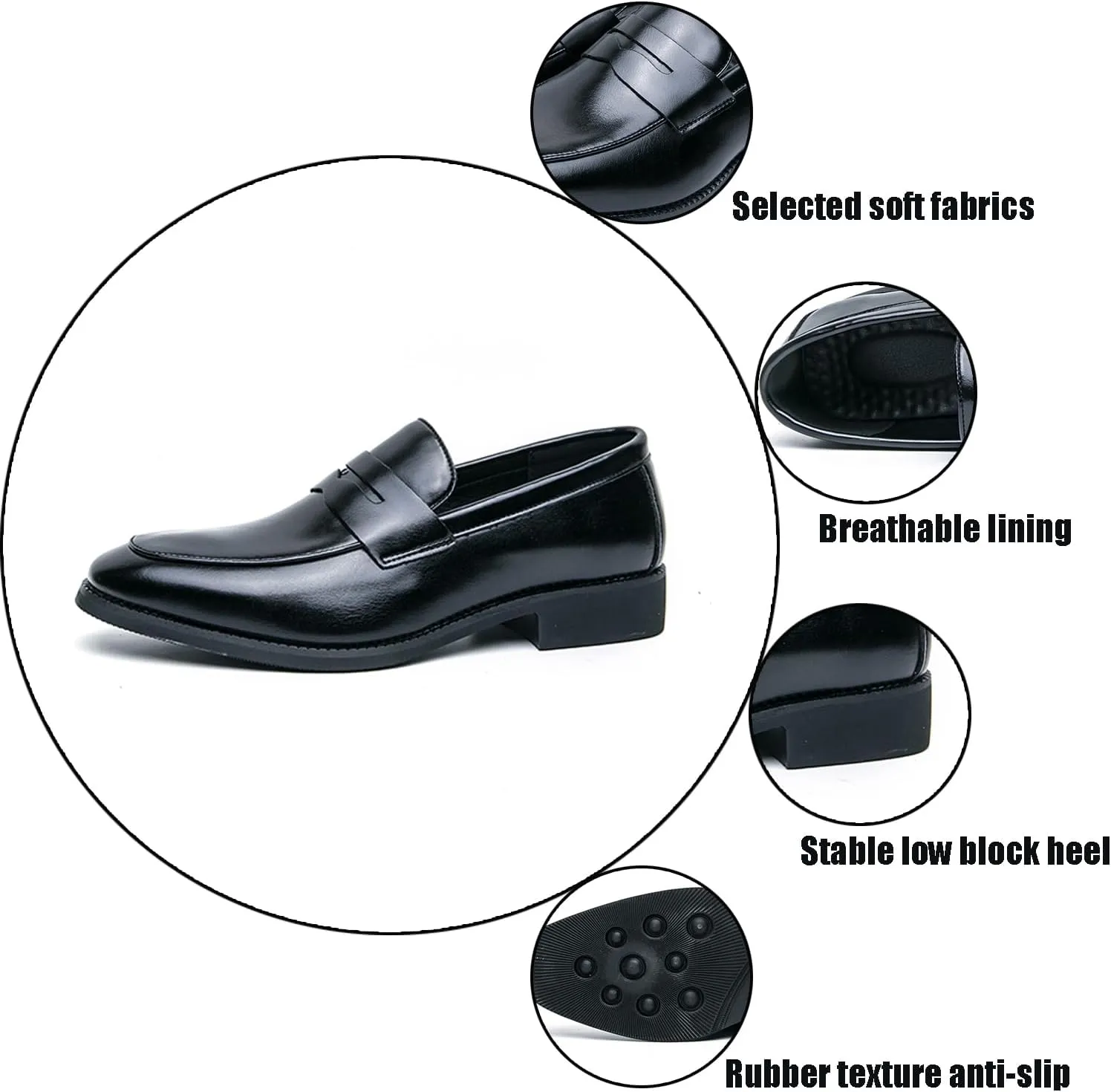 Men's Leather Penny Loafer Classic Round Toe Slip on Low Block Heel Formal Business Office Dress Shoes for Daily Casual Wedding Party Tuxedo