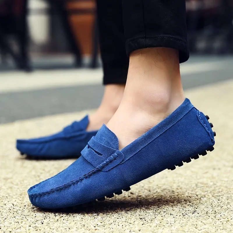Mens Loafers Shoe Square Toe Nubuck Leather Penny Driving Shoes Lightweight Flexible Comfortable Walking Fashion Slip-on