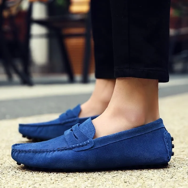 Mens Loafers Shoe Square Toe Nubuck Leather Penny Driving Shoes Lightweight Flexible Comfortable Walking Fashion Slip-on