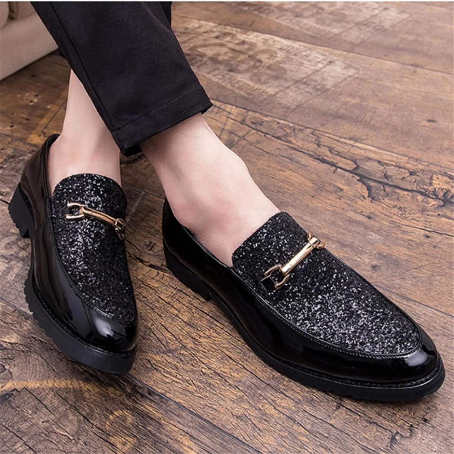 Men's Sequin Gold Buckle Patent Leather Slip On Loafers Classic Low Top Two Tone Penny Shoes for Wedding Formal Party