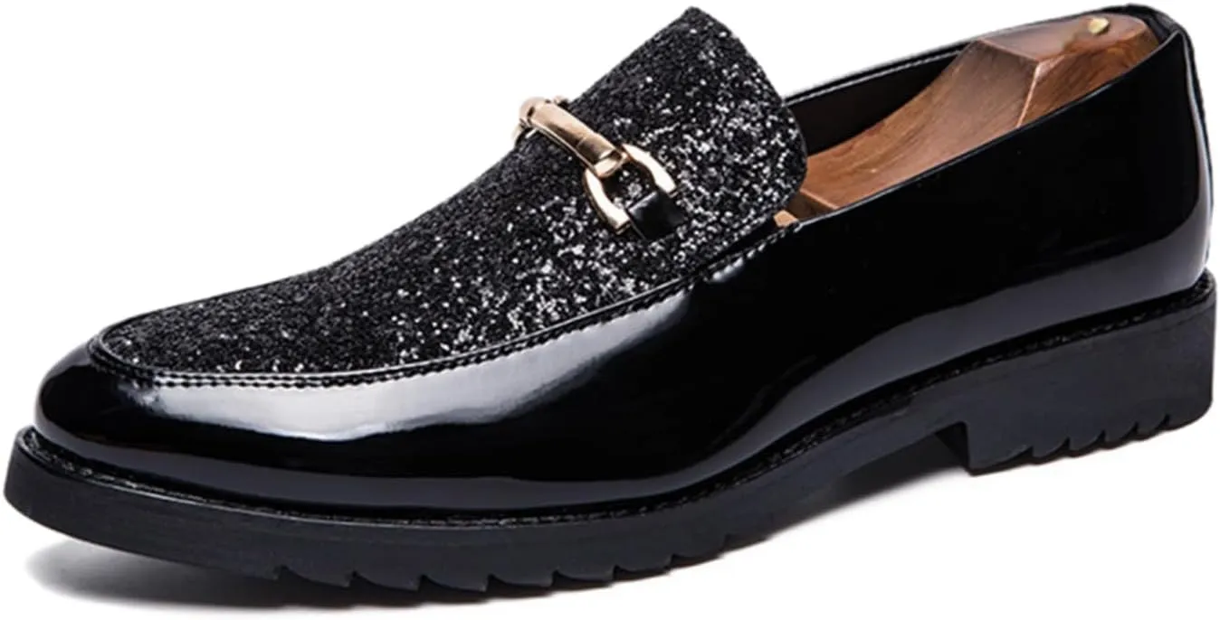Men's Sequin Gold Buckle Patent Leather Slip On Loafers Classic Low Top Two Tone Penny Shoes for Wedding Formal Party