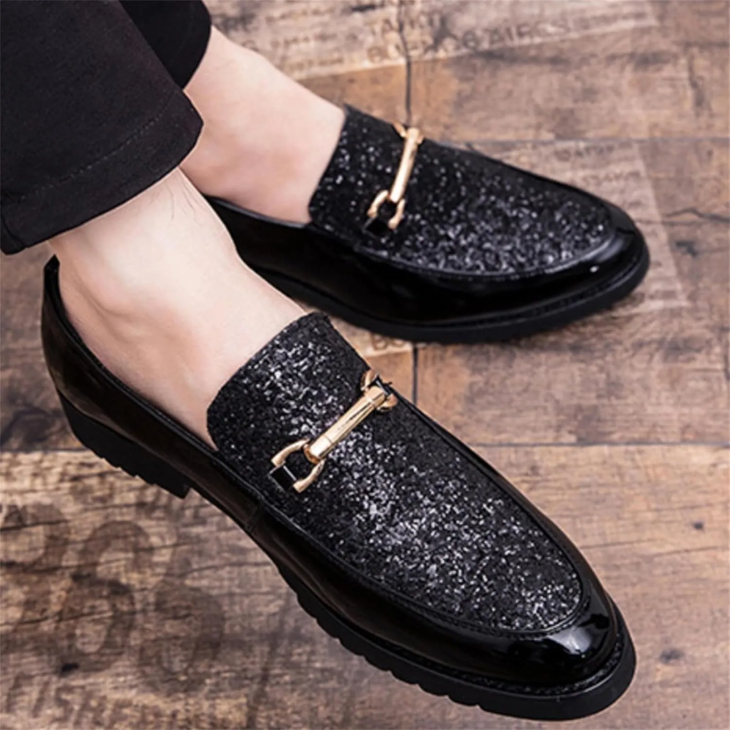 Men's Sequin Gold Buckle Patent Leather Slip On Loafers Classic Low Top Two Tone Penny Shoes for Wedding Formal Party