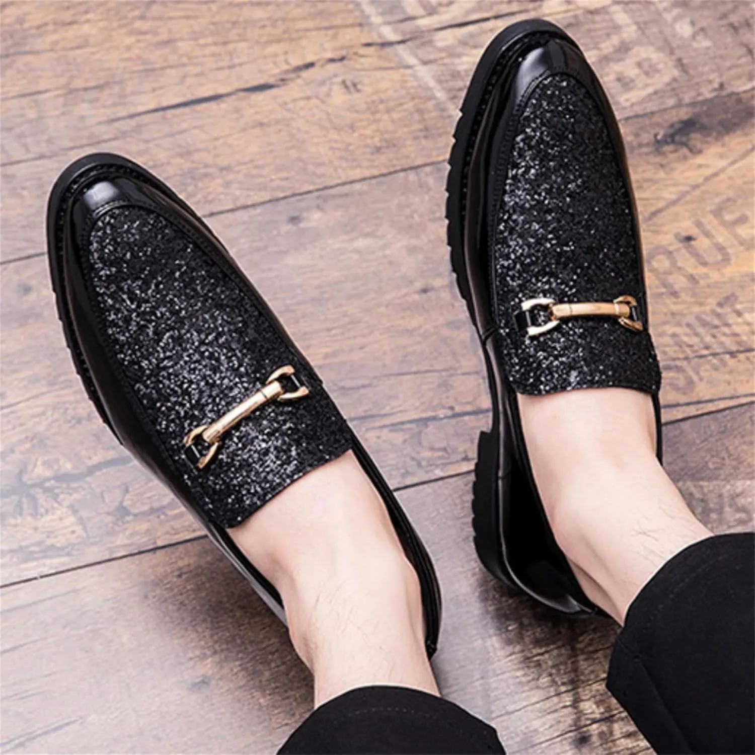 Men's Sequin Gold Buckle Patent Leather Slip On Loafers Classic Low Top Two Tone Penny Shoes for Wedding Formal Party