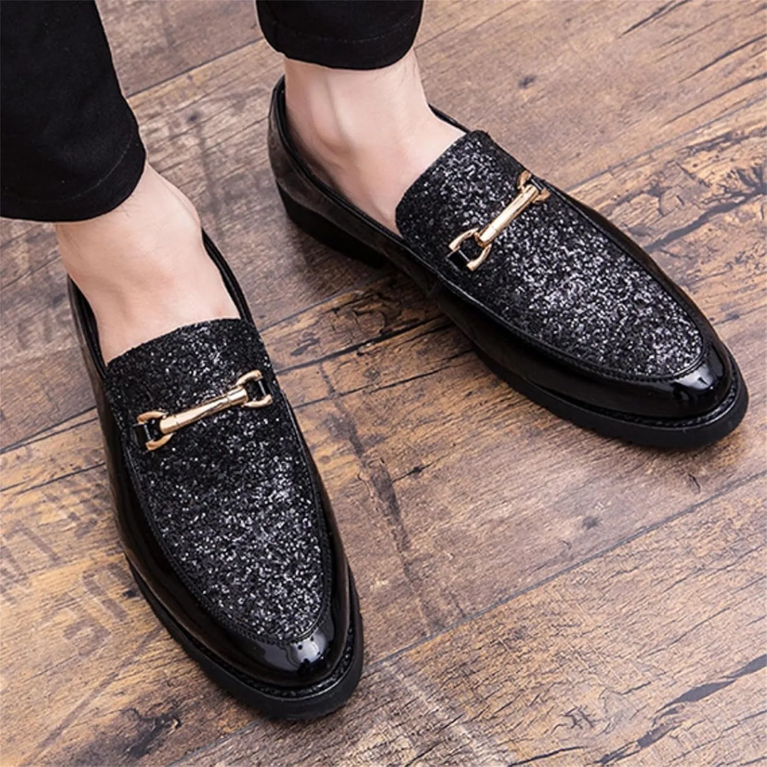 Men's Sequin Gold Buckle Patent Leather Slip On Loafers Classic Low Top Two Tone Penny Shoes for Wedding Formal Party