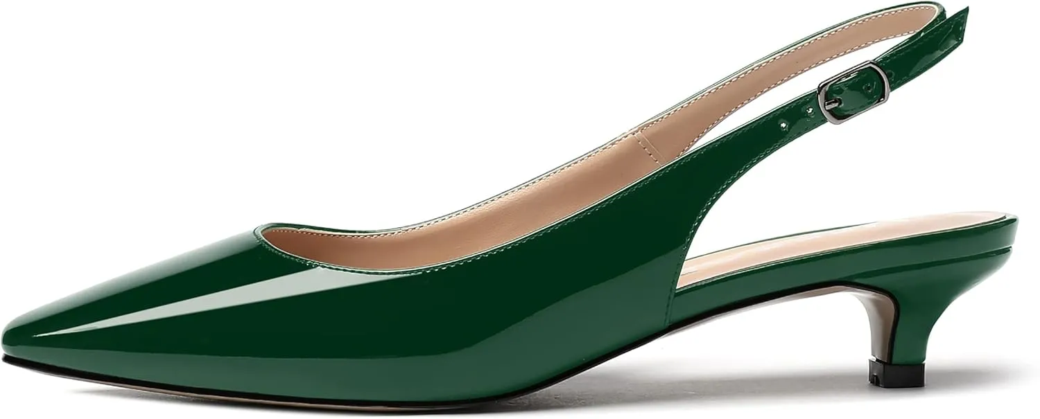 MERRORI Women's Slingback Buckle Patent Square Toe Kitten Low Heel Pumps Business Work Dress Shoes 1.5 Inch