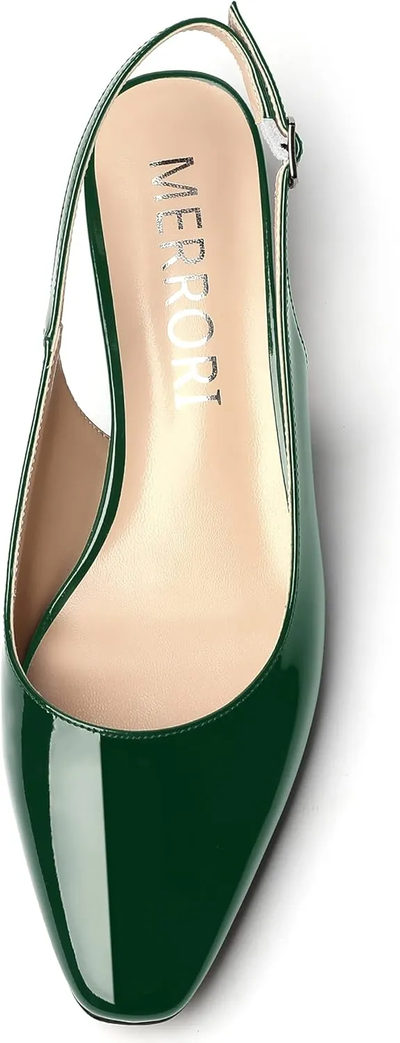 MERRORI Women's Slingback Buckle Patent Square Toe Kitten Low Heel Pumps Business Work Dress Shoes 1.5 Inch
