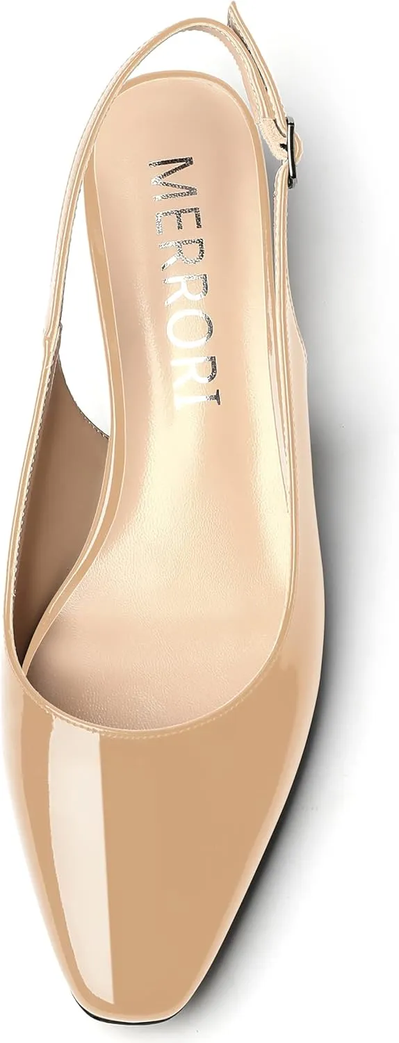 MERRORI Women's Slingback Buckle Patent Square Toe Kitten Low Heel Pumps Business Work Dress Shoes 1.5 Inch