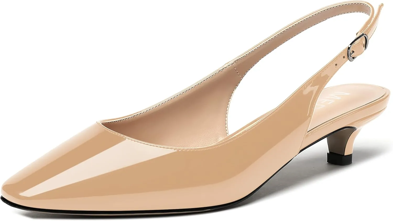 MERRORI Women's Slingback Buckle Patent Square Toe Kitten Low Heel Pumps Business Work Dress Shoes 1.5 Inch
