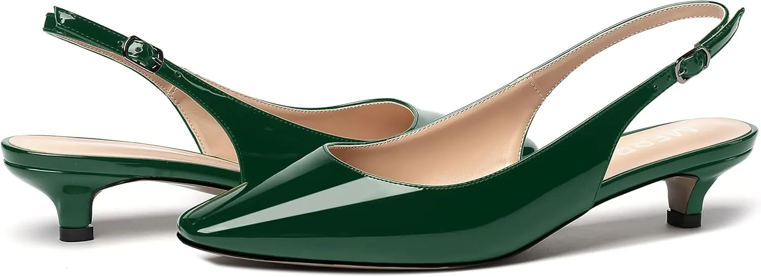 MERRORI Women's Slingback Buckle Patent Square Toe Kitten Low Heel Pumps Business Work Dress Shoes 1.5 Inch