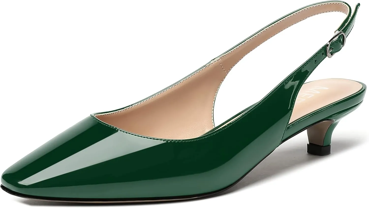 MERRORI Women's Slingback Buckle Patent Square Toe Kitten Low Heel Pumps Business Work Dress Shoes 1.5 Inch