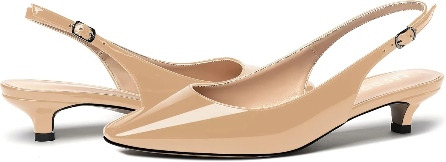 MERRORI Women's Slingback Buckle Patent Square Toe Kitten Low Heel Pumps Business Work Dress Shoes 1.5 Inch