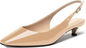 MERRORI Women's Slingback Buckle Patent Square Toe Kitten Low Heel Pumps Business Work Dress Shoes 1.5 Inch