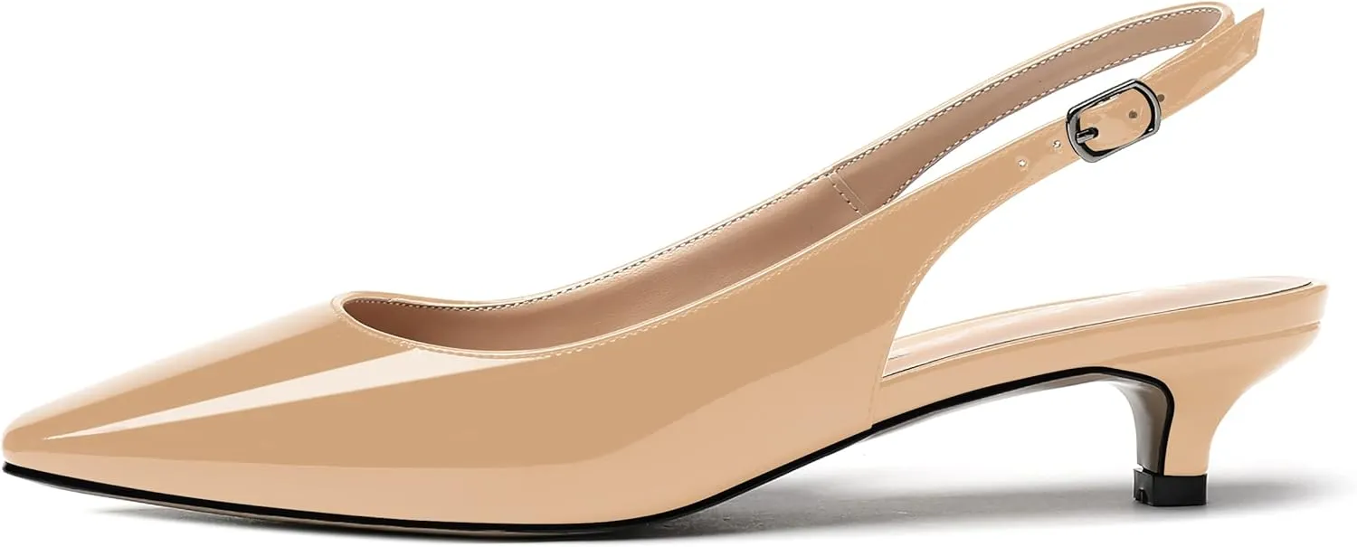 MERRORI Women's Slingback Buckle Patent Square Toe Kitten Low Heel Pumps Business Work Dress Shoes 1.5 Inch