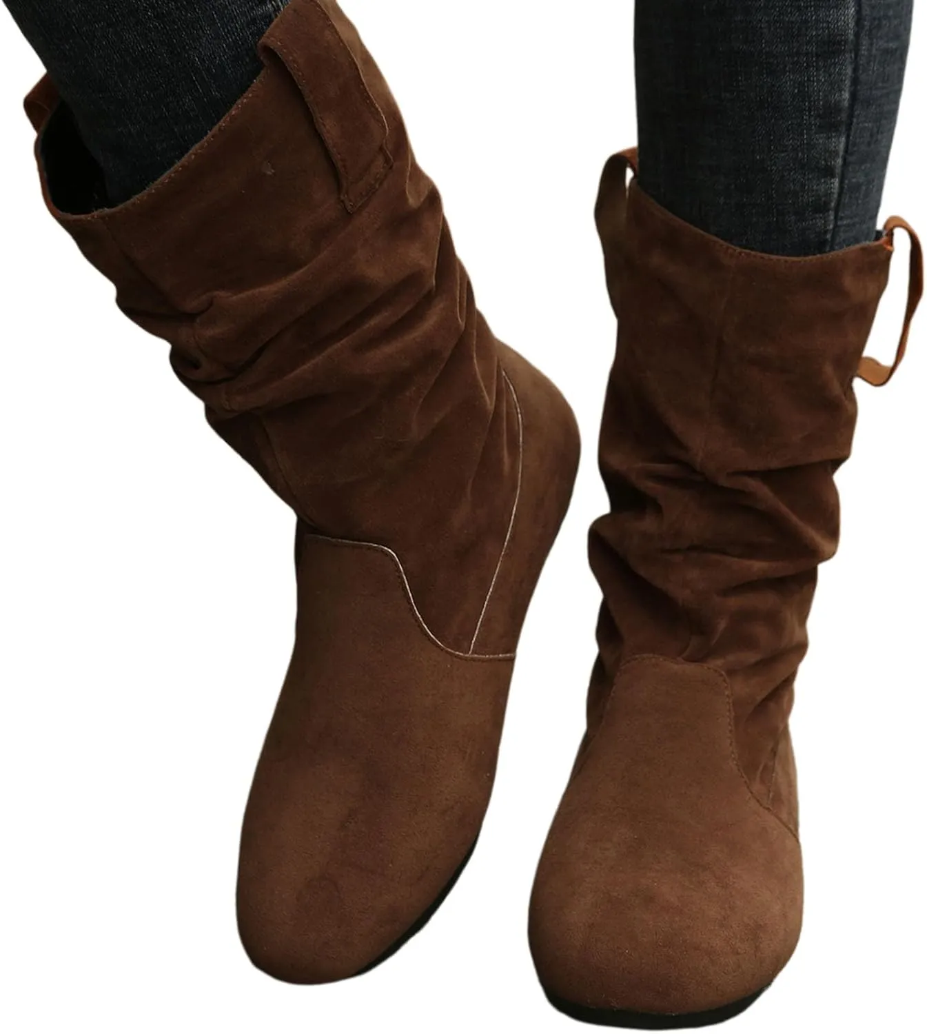 Mid Calf Boots for Women Fall Boots Ladies Fashion Solid Colour Round Toe Suede Flat Bottom Sleeve Mid Calf Boots