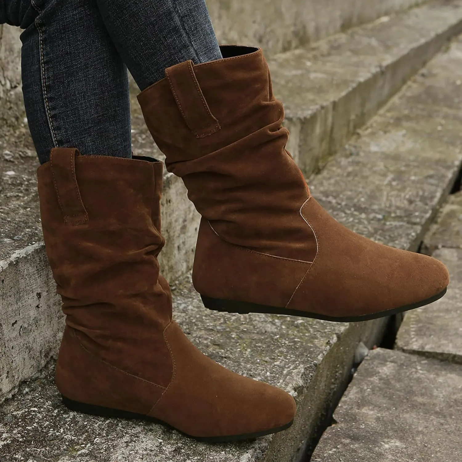 Mid Calf Boots for Women Fall Boots Ladies Fashion Solid Colour Round Toe Suede Flat Bottom Sleeve Mid Calf Boots