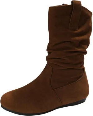 Mid Calf Boots for Women Fall Boots Ladies Fashion Solid Colour Round Toe Suede Flat Bottom Sleeve Mid Calf Boots