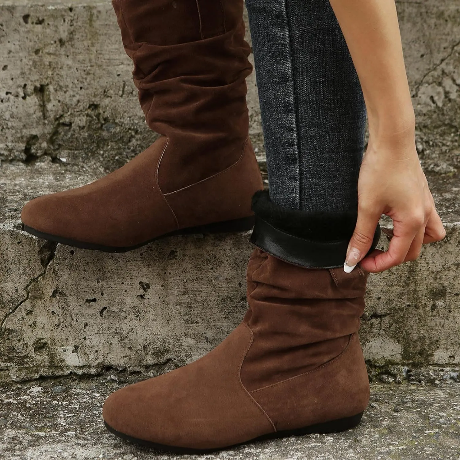 Mid Calf Boots for Women Fall Boots Ladies Fashion Solid Colour Round Toe Suede Flat Bottom Sleeve Mid Calf Boots