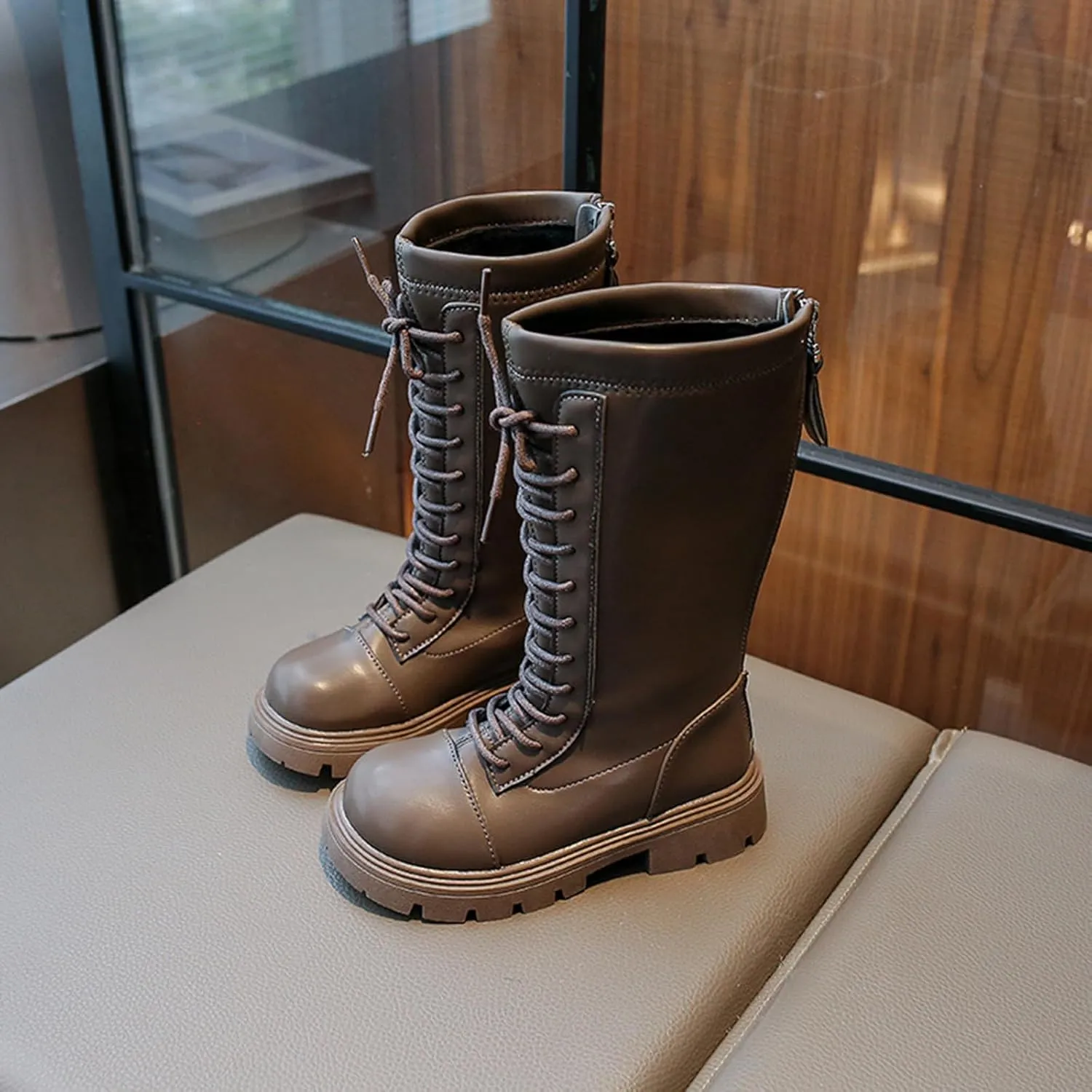 Mid Calf Girls Kids Boots Lace Up Side Zipper Combat Boots Faux Leather Motorcycle Boots Low Heel Winter Fleece Shoes