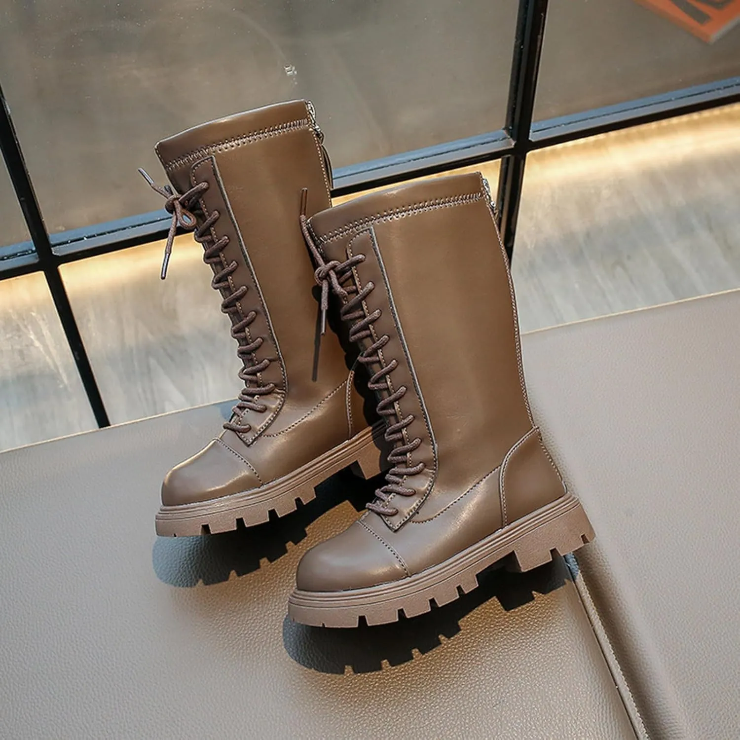 Mid Calf Girls Kids Boots Lace Up Side Zipper Combat Boots Faux Leather Motorcycle Boots Low Heel Winter Fleece Shoes