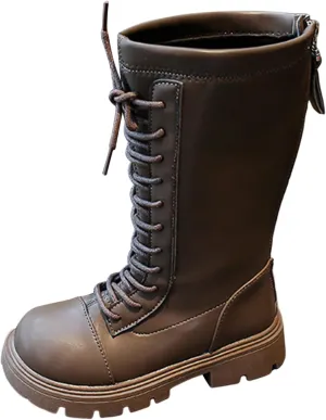 Mid Calf Girls Kids Boots Lace Up Side Zipper Combat Boots Faux Leather Motorcycle Boots Low Heel Winter Fleece Shoes
