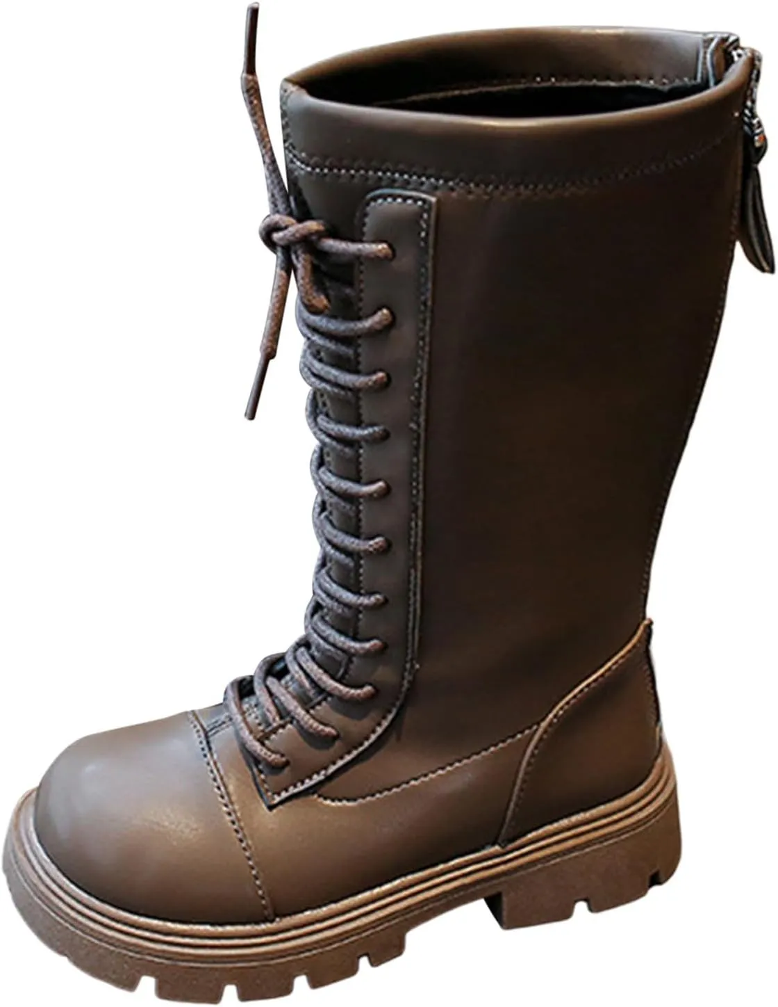 Mid Calf Girls Kids Boots Lace Up Side Zipper Combat Boots Faux Leather Motorcycle Boots Low Heel Winter Fleece Shoes