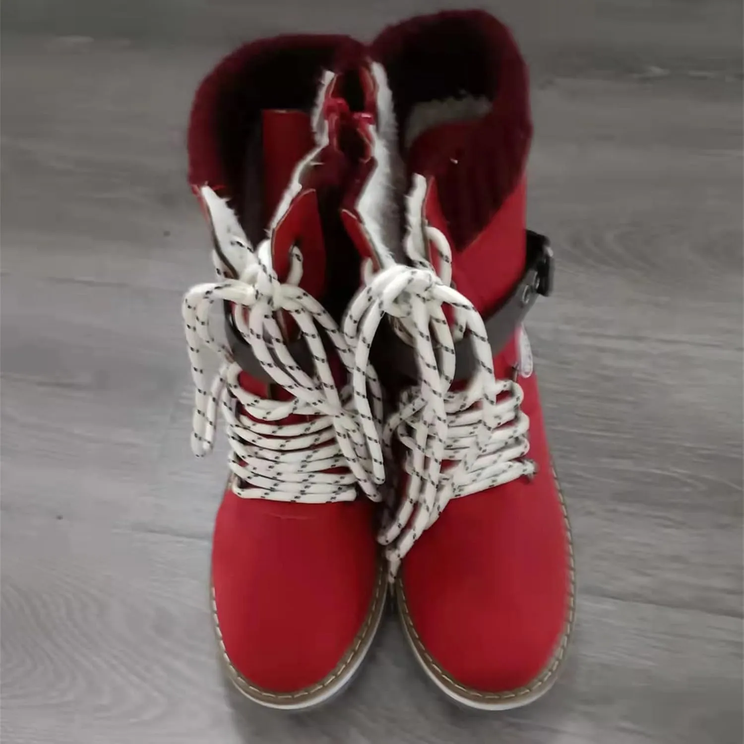 oiangi Winter Boots for Women - Fashion Belt Buckle Cross Lace Up Round Toe Side Zipper Wool Stitching Low Heel Mid Calf Boots Comfy Warm Platform Shoes