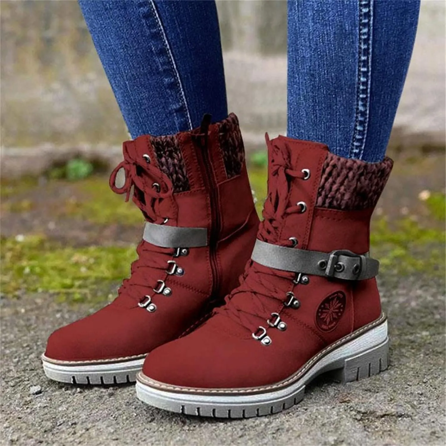 oiangi Winter Boots for Women - Fashion Belt Buckle Cross Lace Up Round Toe Side Zipper Wool Stitching Low Heel Mid Calf Boots Comfy Warm Platform Shoes