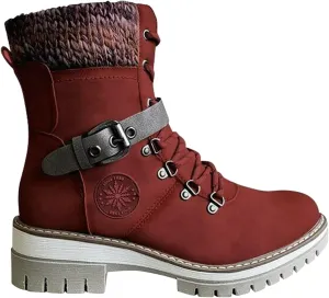 oiangi Winter Boots for Women - Fashion Belt Buckle Cross Lace Up Round Toe Side Zipper Wool Stitching Low Heel Mid Calf Boots Comfy Warm Platform Shoes