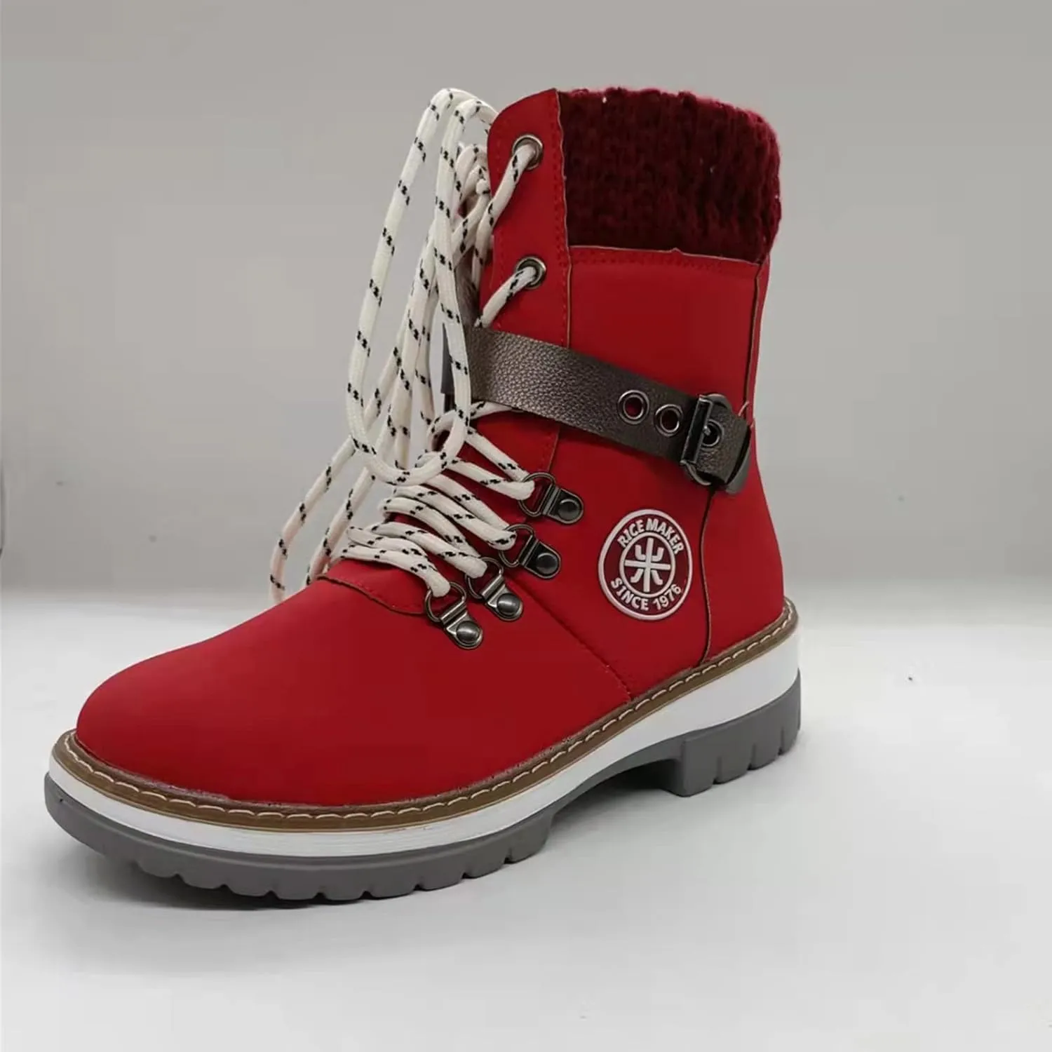 oiangi Winter Boots for Women - Fashion Belt Buckle Cross Lace Up Round Toe Side Zipper Wool Stitching Low Heel Mid Calf Boots Comfy Warm Platform Shoes