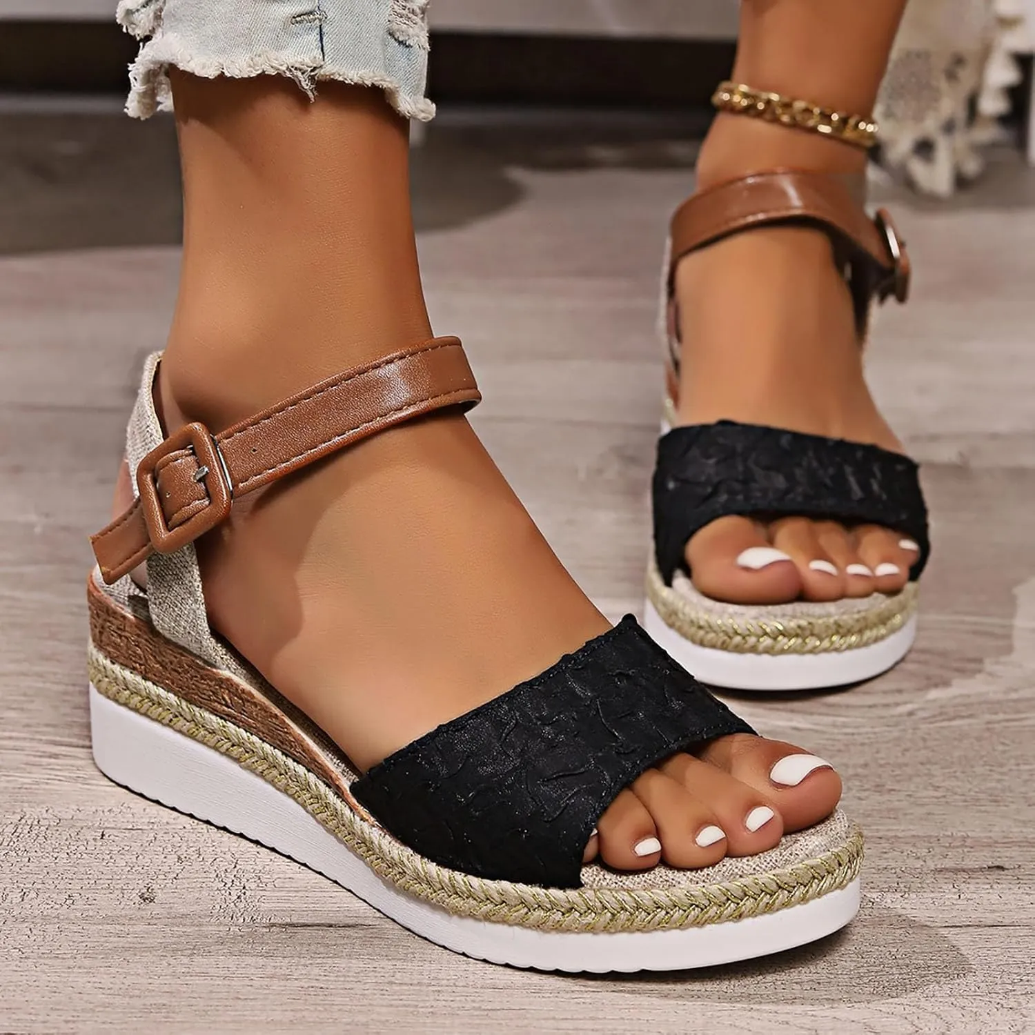 Orthopedic Platform Wedge Sandals for Women Flat Open Toe Ankle Strap Espadrilles Sandals Strappy Beach Boho Shoes