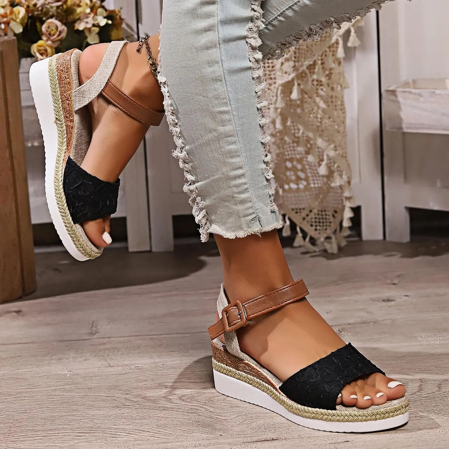 Orthopedic Platform Wedge Sandals for Women Flat Open Toe Ankle Strap Espadrilles Sandals Strappy Beach Boho Shoes