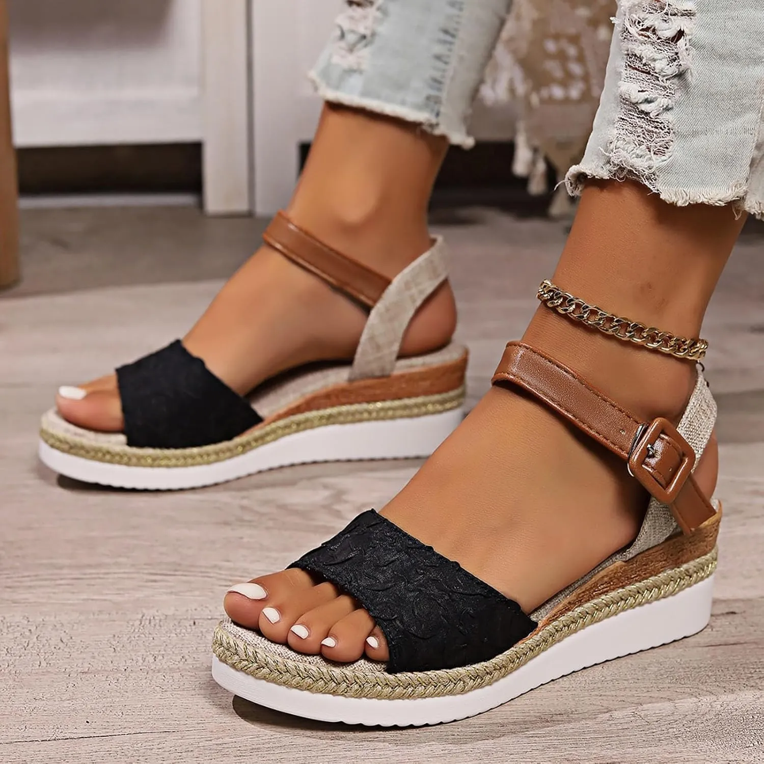 Orthopedic Platform Wedge Sandals for Women Flat Open Toe Ankle Strap Espadrilles Sandals Strappy Beach Boho Shoes