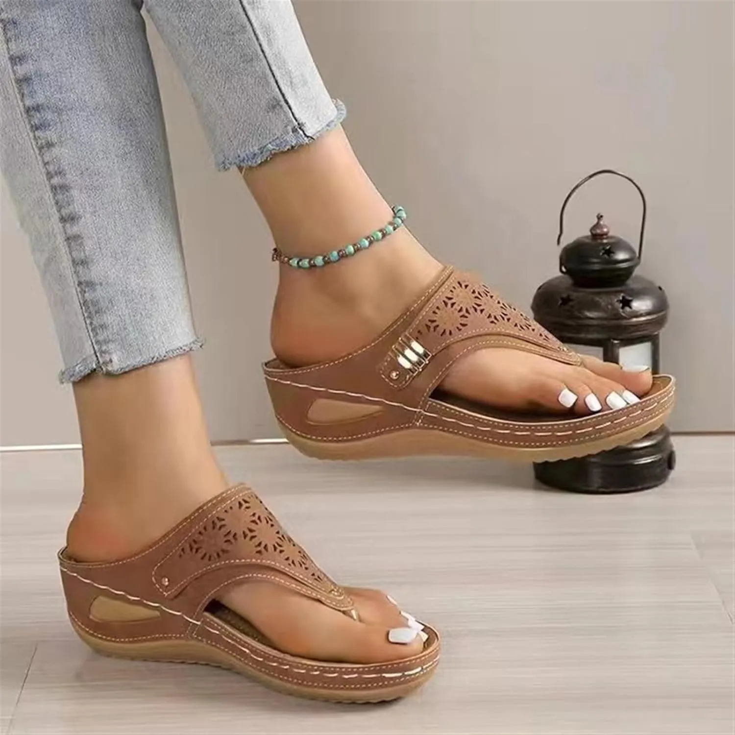 Orthopedic Sandals for Women Arch Support Breathable Dressy Wedge Sandals Comfortable Walking Thong Sandals Hollow Flower Wedge Sandal Dressy Summer Beach Casual Shoes