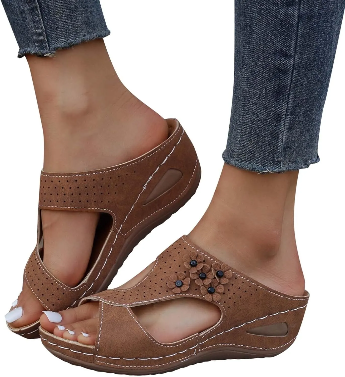 Orthopedic Sandals for Women Arch Support Wedges Sandals Leather Flowers Round Open Toe Slippers Hollow Out Breathable Slip On Slippers Comfort Beach Summer Shoes