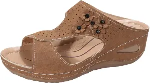 Orthopedic Sandals for Women Arch Support Wedges Sandals Leather Flowers Round Open Toe Slippers Hollow Out Breathable Slip On Slippers Comfort Beach Summer Shoes